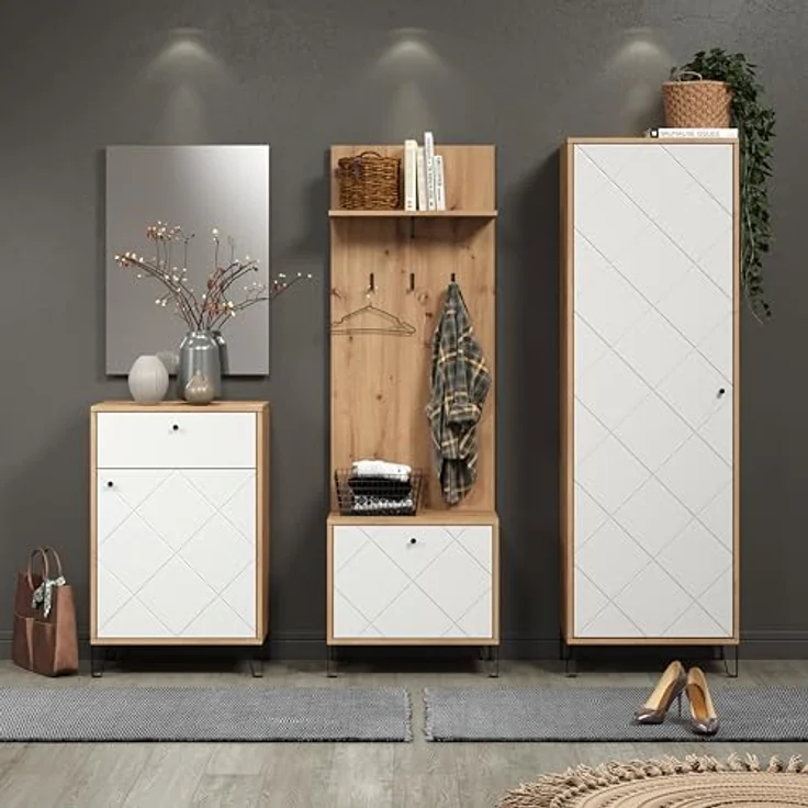 trendteam smart living - Touch - Sitzbank - Eiche/Weiß - Garderobenbank mit Platz für 4 Schuhpaare - Moderne Metallfüße - (BxHxT) 63 x 56 x 40 cm - Klappe mit Soft-Close Funktion - Rautenoptik – Bild 6