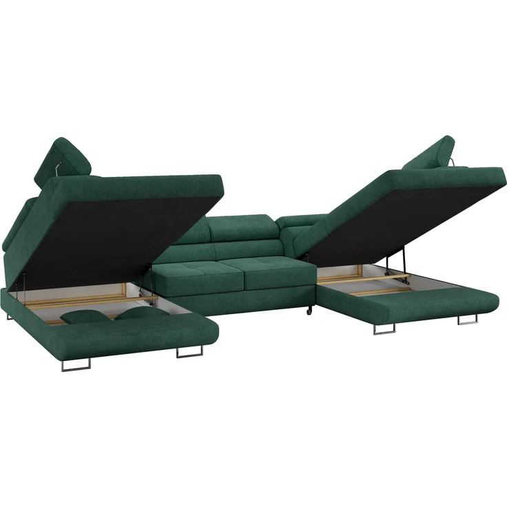 Ecksofa, Wohnzimmer U Couch, Polstersofa mit Bettkasten - GUSTAW-U - Grün Stoff – Bild 6