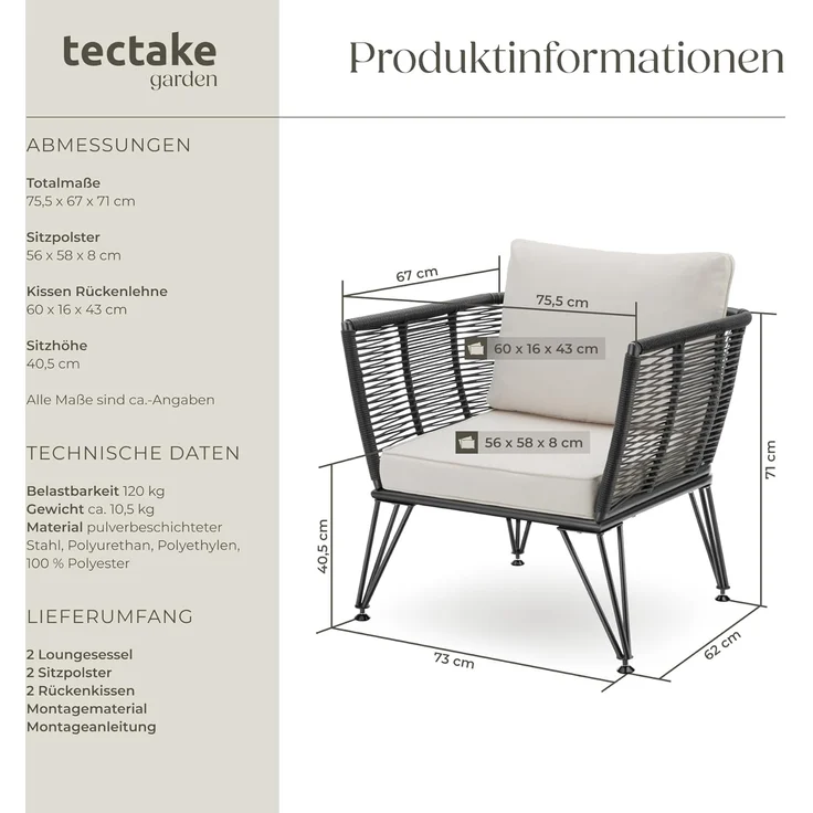 tectake Essgruppe Garten-Loungesessel, (Set, 2-tlg), rundes Polyrattan im Rope-Design – Bild 2