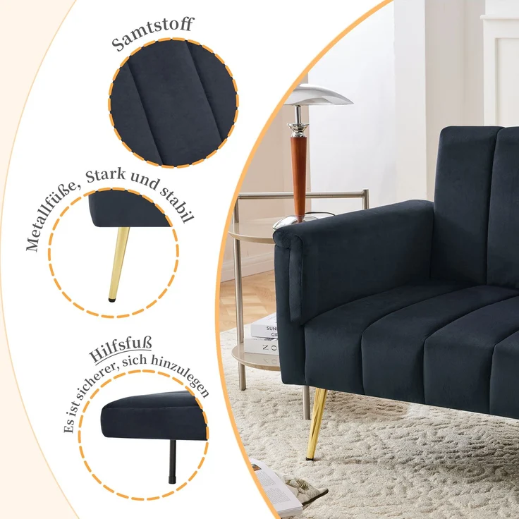 Schlafsofa 183 x 76 x 75 cm, 5-fach verstellbare Rückenlehne & Armlehnen, Samtstoff, multifunktionales Sofa mit Metallfüßen, bequemes Gästebett,Schwarz – Bild 6
