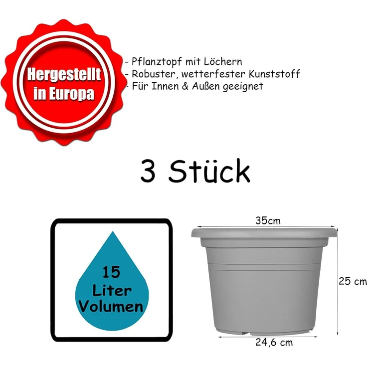 BigDean 3x Blumentopf Ø 35 cm Farbe Terrakotta Kunststoff Pflanztopf Containertopf Übertopf Pflanzkübel rund 35 x 25 cm – Bild 5