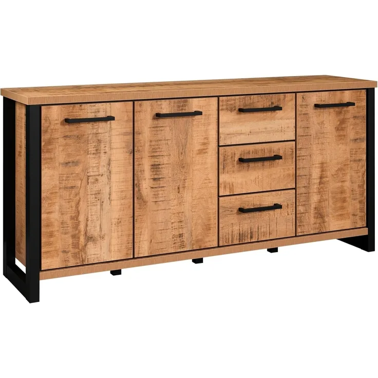 trendteam smart living - Enna - Sideboard - Mango/Schwarz - Kommode mit 3 Türen, 3 Einlegeböden und 3 Schubladen - (BxHxT) 180 x 86 x 45 cm – Schubladen mit Vollauszug-Funktion