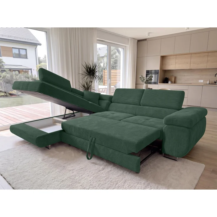 AX LIVING Konak Cord-Schlafsofa L Flaschengrün 276 cm, Bettkasten, Kopfstützen – Bild 3