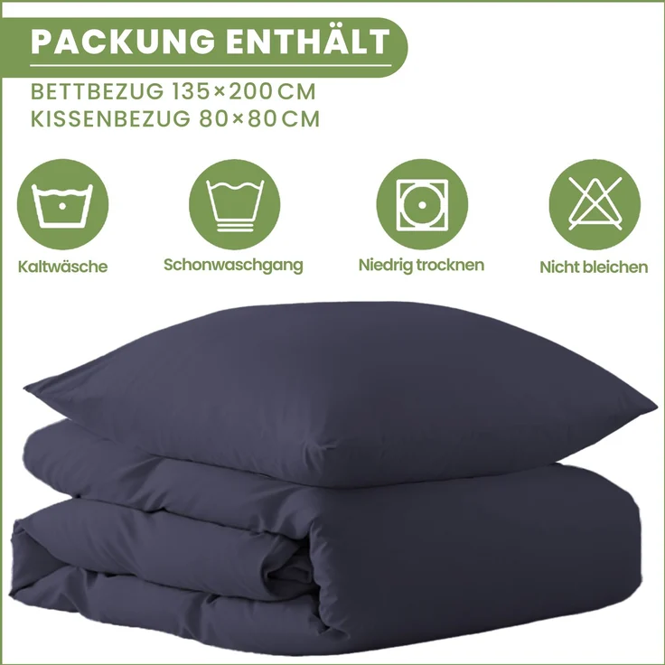 Bettwäsche 2tlg 135x200cm Microfaser mit Reißverschluss atmungsaktiv Navy Blau – Bild 2