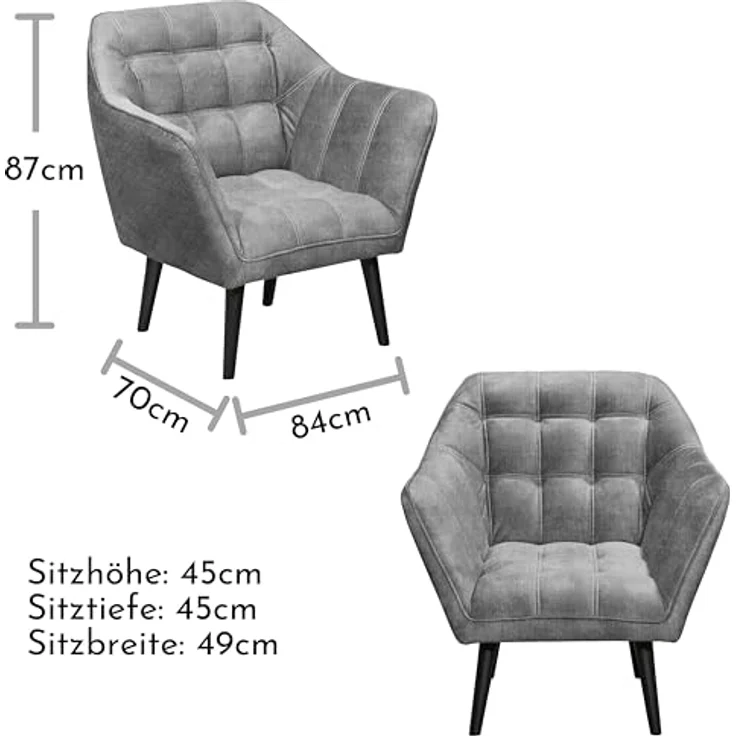 MAX Loungesessel mit Armlehnen, Grey - Bequemer Sessel gepolstert mit schwarzen Massivholz Füßen für Esszimmer & Wohnzimmer - 84 x 87 x 70 cm (B/H/T) – Bild 4