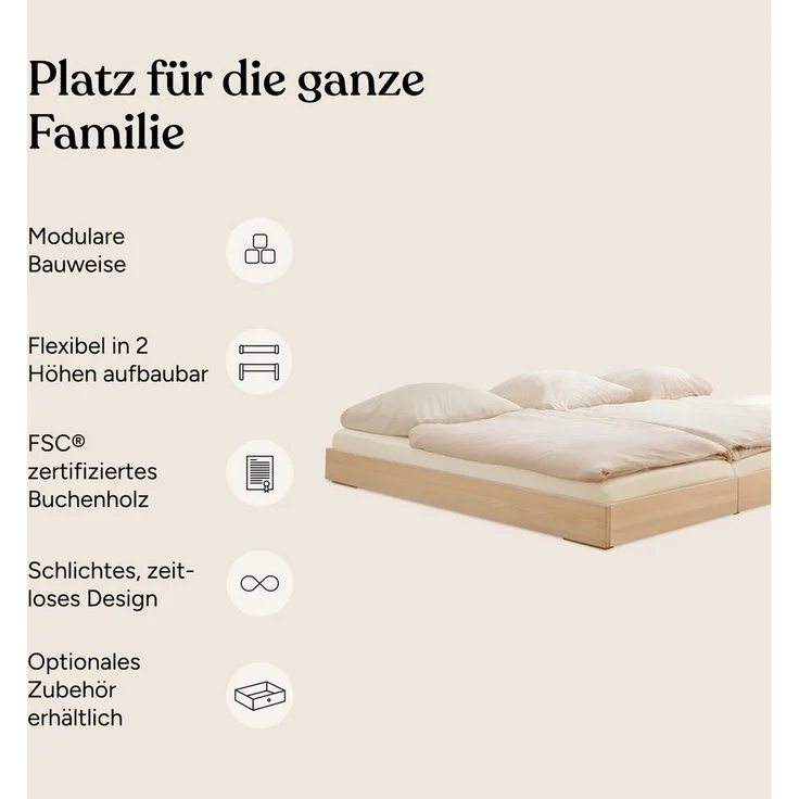 Ehrenkind Holzbett Plano, Modulares Familienbett, FSC® Zertifiziert (Familienbett, 270x200 cm, Massiv-Buche Natur, 2‑in‑1 Höhe (Bodenbett oder Standard), Modular und Höhenverstellbar – Bild 2