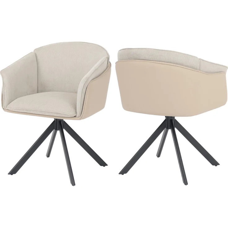 2er-Set Esszimmerstuhl HWC-R24, Küchenstuhl, drehbar Metall Kunstleder Stoff/Textil Cord ~ beige – Bild 1