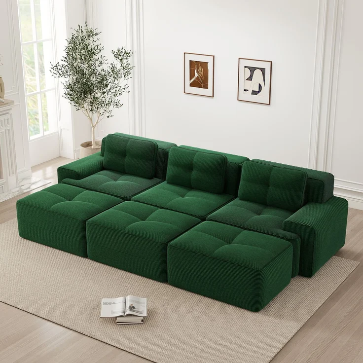 EINHOM Rahmenlose Sofas, weicher Cordstoff, modulares Ecksofa mit Schlaffunktion und 3 Hockern, 3-Sitzer-Sofas, bequemes Sofa für das Wohnzimmer, Grün – Bild 4