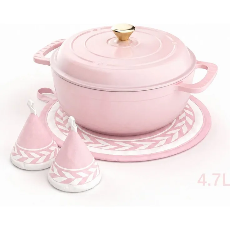 LALAHO Bratentopf 4,7 l / 5,7 l Gusseisentopf (Farbverlauf in Rosa), Inklusive Ofenhandschuhen und Untersetzer