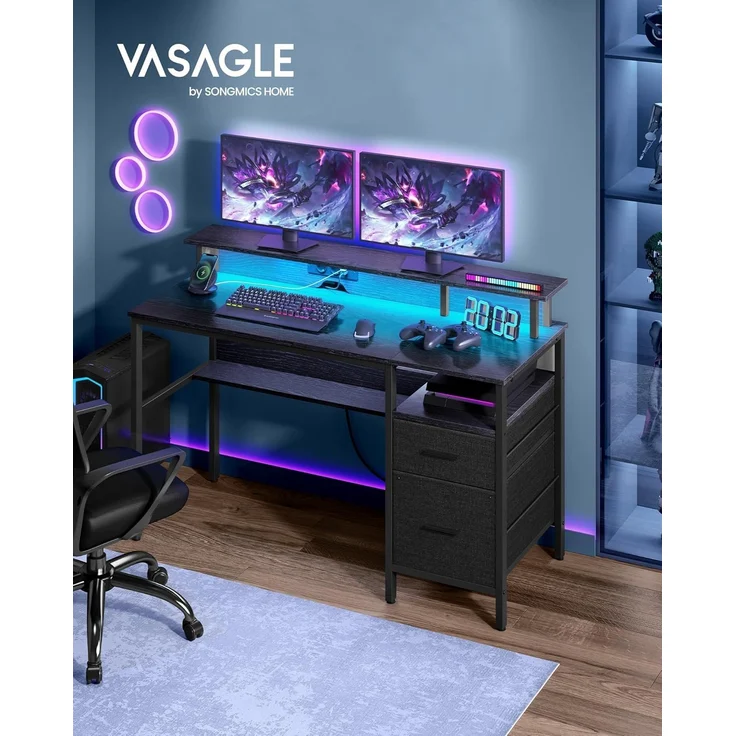 VASAGLE Schreibtisch mit Stoff-Schubladen, Computertisch mit Monitorständer, LED-Beleuchtung, 55 x 135 x 90 cm, eingebaute Steckdosen, 2 USB-A-Anschlüsse, für Homeoffice, ebenholzschwarz LWD094B56 – Bild 3
