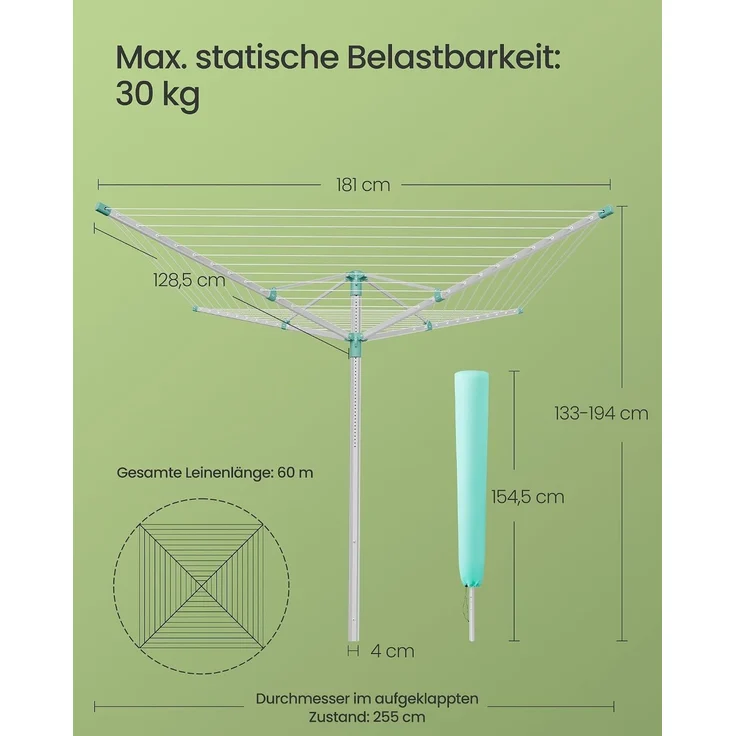 SONGMICS Wäschespinne, höhenverstellbarer, 60 m Wäscheleine, für 6 Waschladungen, draußen, silbern-grün – Bild 6
