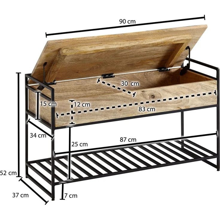 Sitzbank mit Stauraum Mango Massivholz Metall Braun 90x52x38cm Schuhregal Flurbank – Bild 7
