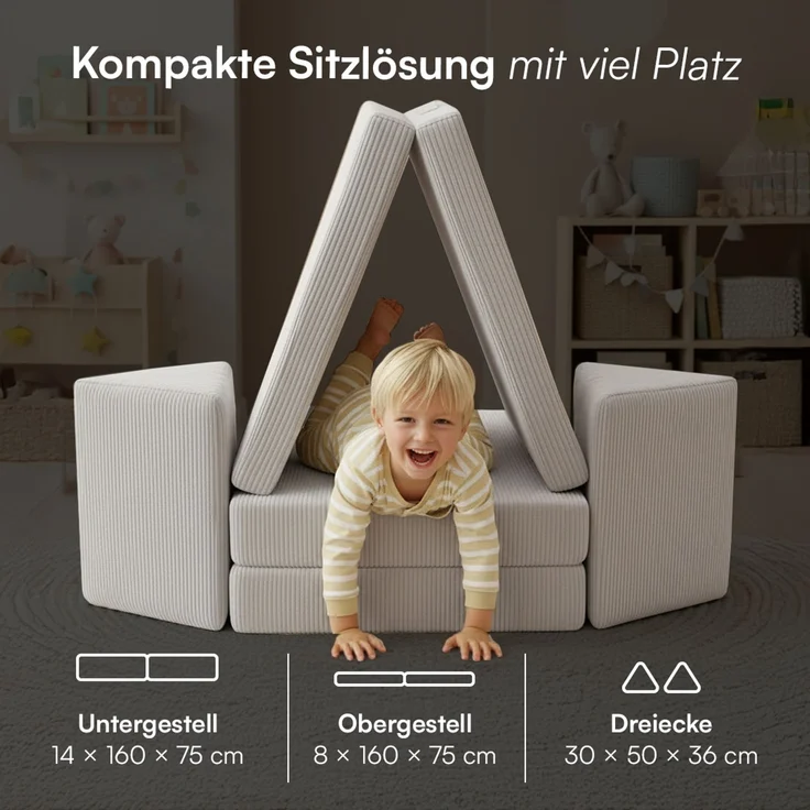 Bellabino 'Nile' Spielsofa, 4-tlg, Cord, grau, faltbare Kindercouch, abnehmbarer & waschbarer Bezug, Kindersofa aus Schaumstoff, Oeko-Tex zertifiziert – Bild 8