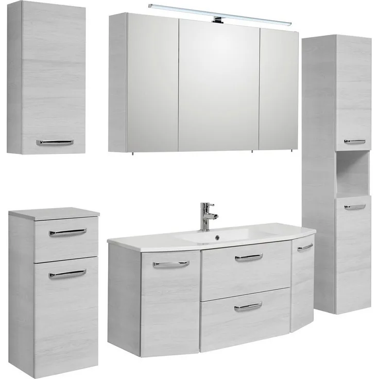 Saphir Badmöbel-Set Quickset 936 5-teilig, Mineralmarmor-Waschtisch mit LED-Spiegelschrank, (Set, 5-St), Badezimmer Set inkl. Türdämpfer, 9 Türen, 1 Klappe, 1 Schublade