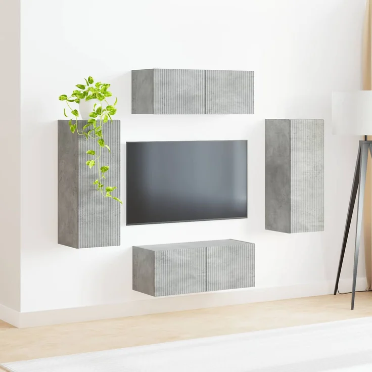 vidaXL TV-Wandregal-Set Wandmontiert 4 pcs Beton Grau Holzwerkstoff 3408919 – Bild 4
