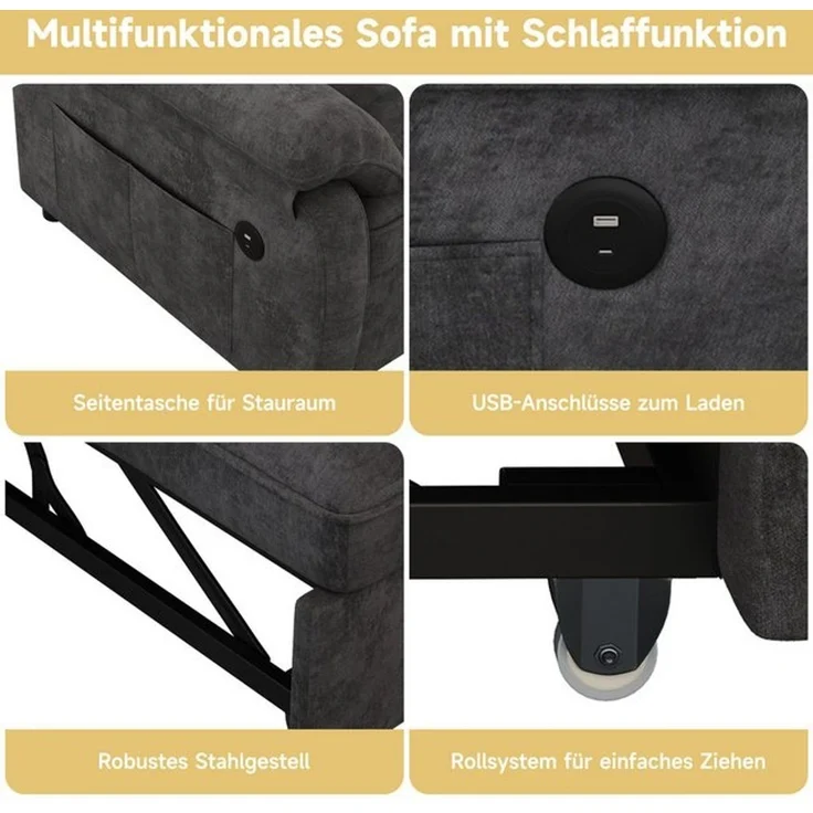Merax Schlafsofa faltbar mit 3-fach verstellbarer Rückenlehne, Chenille, Sofabett Tagesbett Sofa 1 Teile, 3-in-1 Doppelschlafsofa mit Seitentasche, 2 Kissen & USB-Anschluss – Bild 4