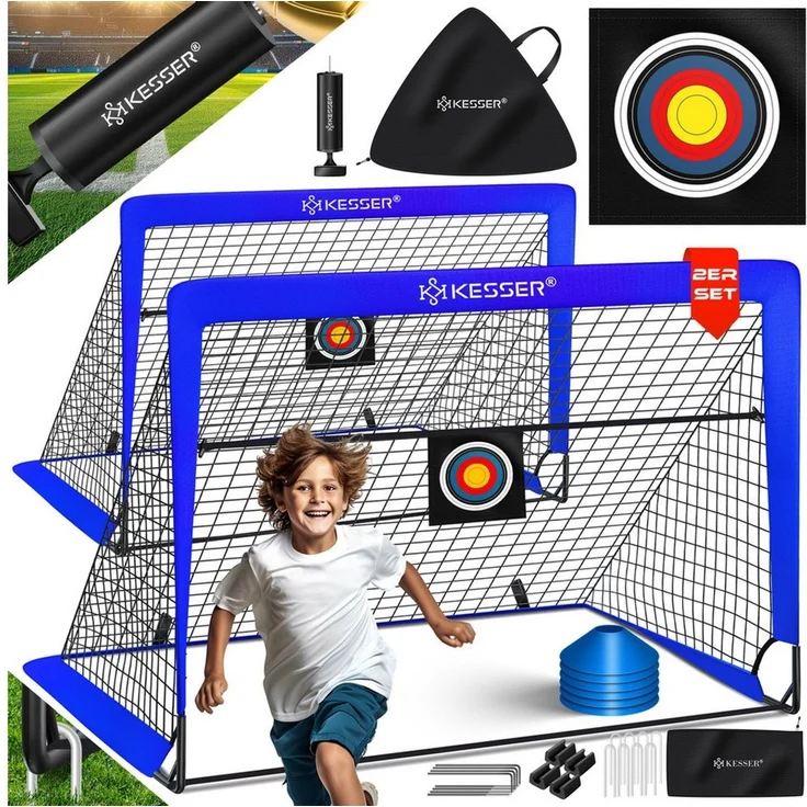 KESSER Pop-Up Fußballtor, 2er Set, mit Transporttasche, 6x Hütchen, Ballpumpe & Zielscheibe, Glasfaserstangen, Blau, 120x90 cm – Bild 1