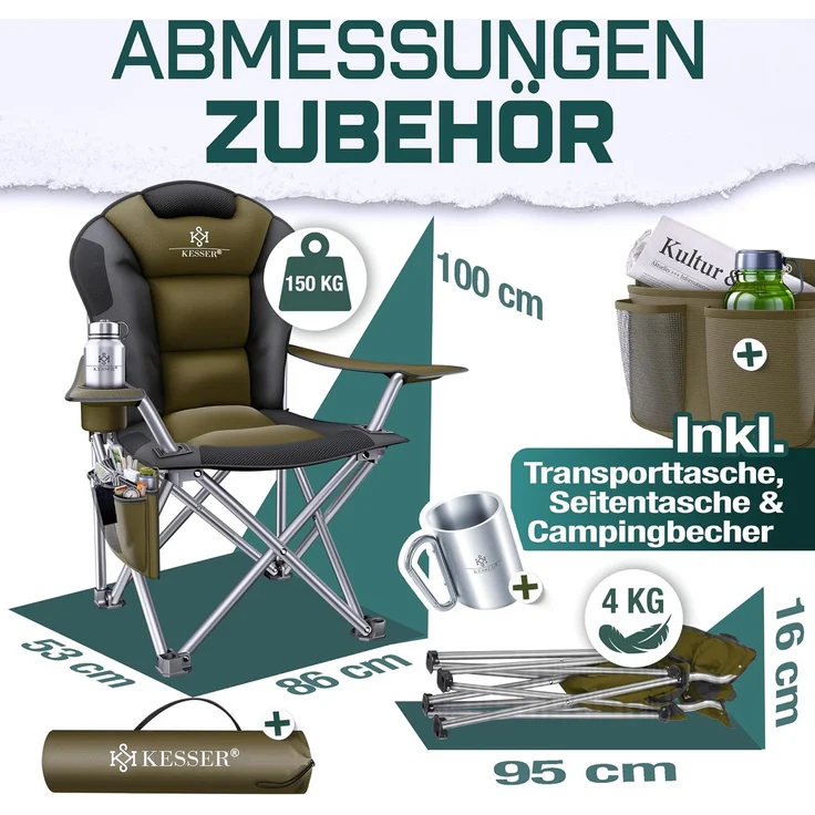 KESSER® Campingstuhl faltbar bis 150 kg Angelstuhl Faltstuhl Klappstuhl Gepolstert mit Armlehnen, Getränkehalter + Tasche mit hoher Rückenlehne, Strandstuhl, Klapphocker Khaki / Schwarz – Bild 8