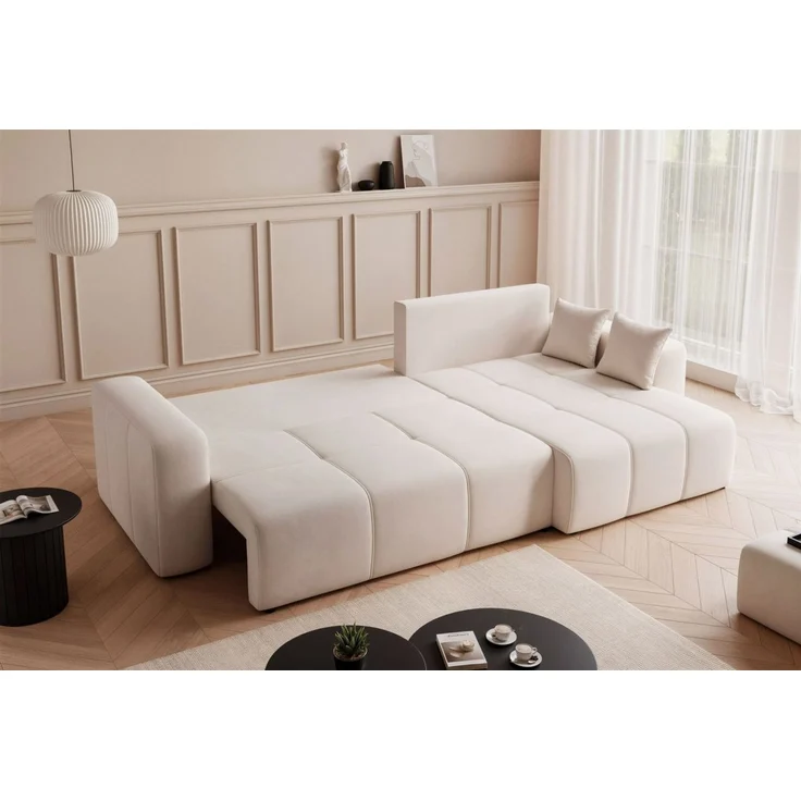 Ecksofa Schlafsofa Sofa LEROS XL in Stoff Manila Creme Ottomane Rechts – Bild 4