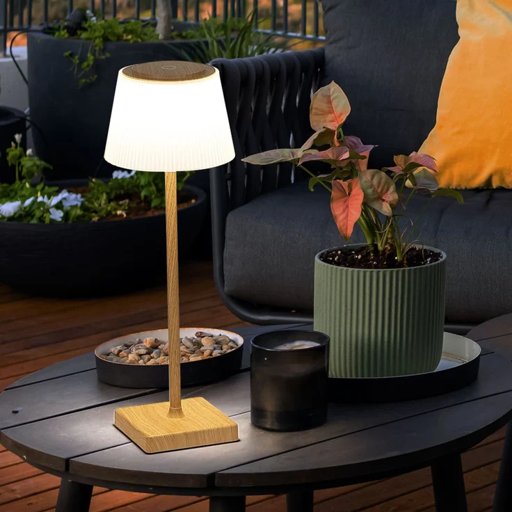 LED Tischleuchte, Touchdimmer, USB Akku, Holzoptik, H 38 cm – Bild 4