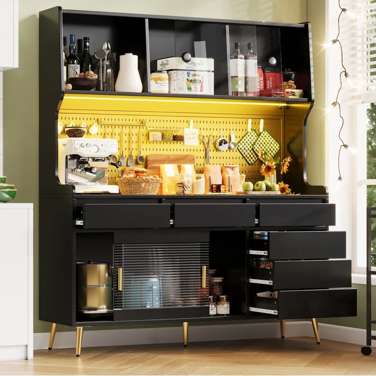Hochschrank 145x39x171 cm mit LED-Beleuchtung, Schiebetüren und geriffelter Glasfront – MDF, Glas & Metall, Schwarz