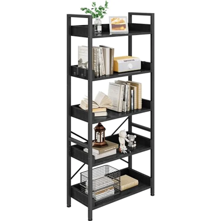 YITAHOME Bücherregal 5 Etagen, Bodenstehendes Bücherregal, Holzregal und stabiles Stahlrahmenregal mit 4 Haken Industrielles Lagerregal für Wohnzimmer, Heimbüro, Schwarz – Bild 7