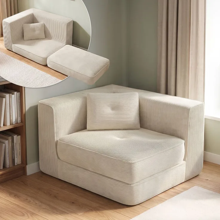 skølm 'Ránar' Ecksessel mit Liegefunktion und 1 Kissen, Sessel ausklappbar, vakuumverpackt ohne Aufbau, beige aus Cord