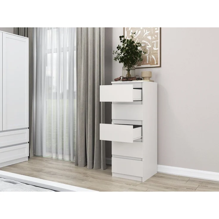 Home Collective Kommode weiß mit fünf Schubladen, Schlafzimmer Flur Nachttisch, Schrank, Sideboard, Highboard, Breite 40 cm Höhe 111cm – Bild 3