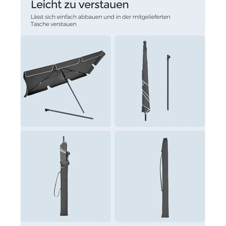 SONGMICS Sonnenschirm 180x125 cm, Balkonschirm UPF 50+, Sonnenschutz, beidseitig um 30° knickbar, höhenverstellbar, mit Aufbewahrungstasche, für Garten, Terrasse, ohne Ständer, grau GPU180G01 – Bild 8
