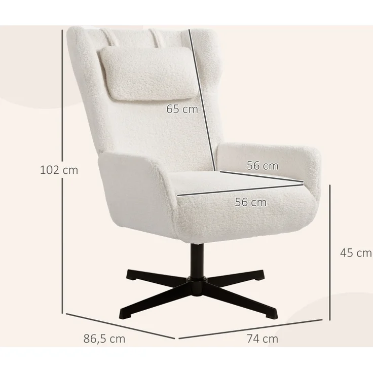 Loungesessel drehbar mit Sherpa Bezug und Kopfstütze, Lesesessel Ohrensessel mit Schienenarmen und Metallbeinen, 102 x 74 x 86.5 cm, Cremeweiß – Bild 5