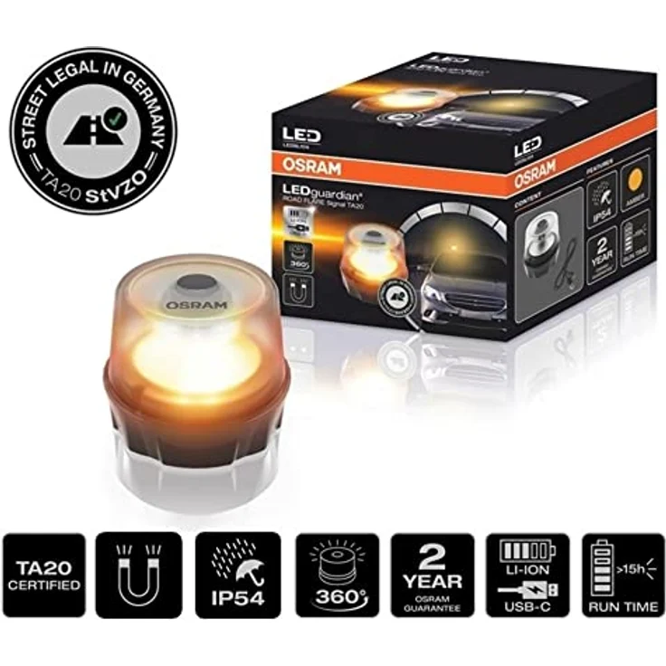 OSRAM LEDguardian® Road Flare Signal TA20, wiederaufladbare magnetische LED-Warnleuchte, 360° Sichtbarkeit, orange, Straßenzulassung, Akkulaufzeit bis 15h – Bild 3
