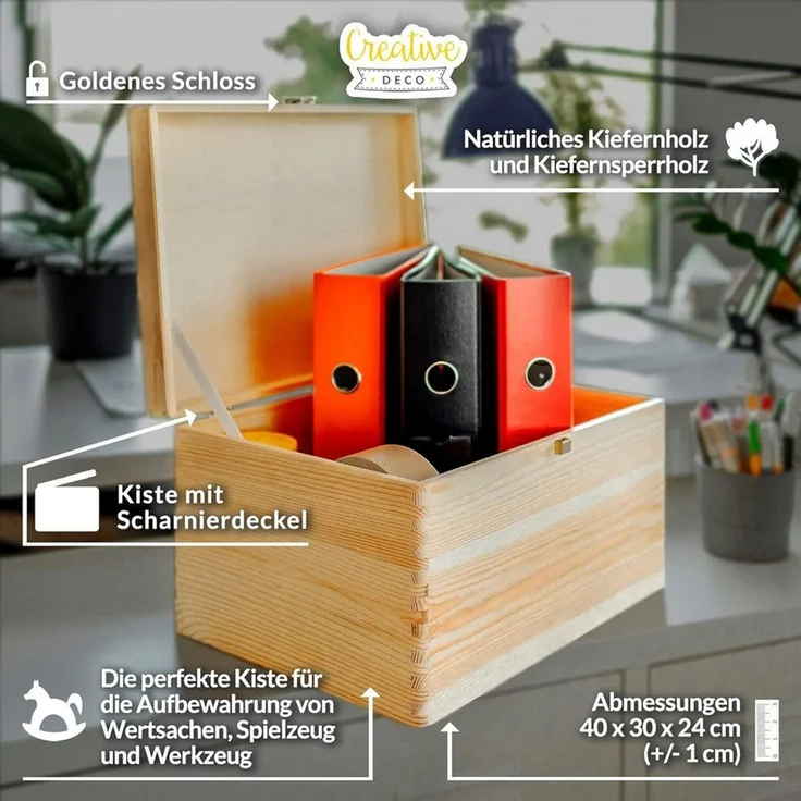 Creative Deco Holzkiste Natur mit Deckel und Schloss, Erinnerungsbox Baby Groß Holzbox mit Deckel Unlackiert Kasten – Bild 3