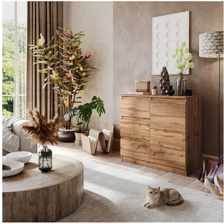 Furnica Kommode Wotan Eiche 80 cm, mit 3 Schubladen und 1 Tür, Modernes Design für Wohn- und Schlafzimmer