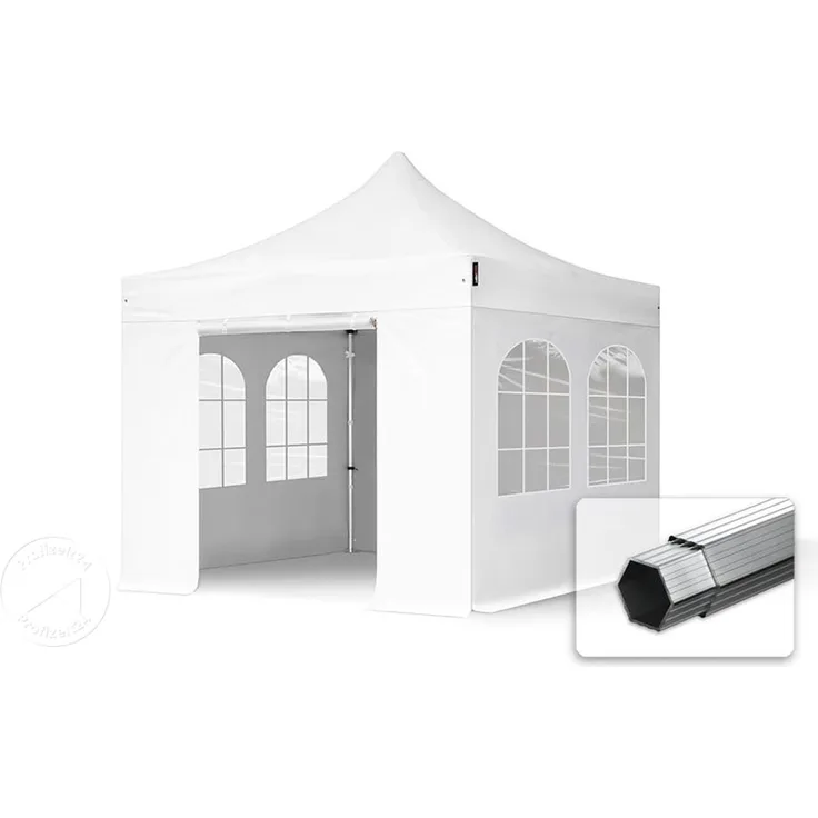 3x3 m Faltpavillon PROFESSIONAL Alu 40mm, Seitenteile mit Sprossenfenstern, weiß