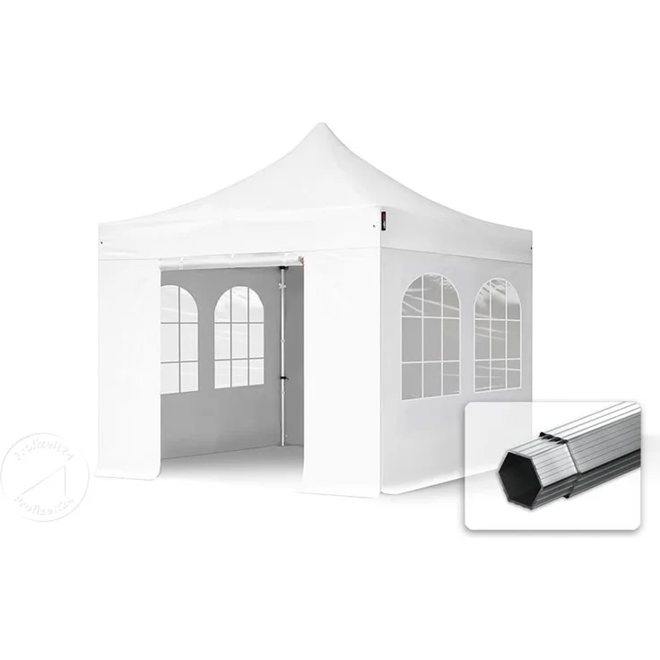 3x3 m Faltpavillon PROFESSIONAL Alu 40mm, Seitenteile mit Sprossenfenstern, weiß – Bild 1