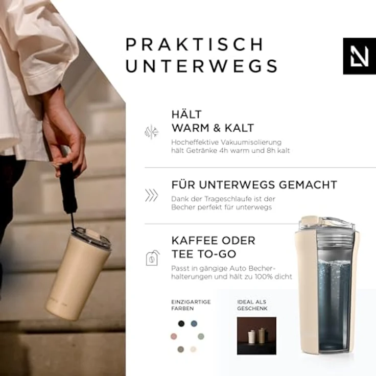 LARS NYSØM Thermo Kaffeebecher to go mit Trageschlaufe & Tritan Deckel | Travel Mug 0,5 Liter mit Isolierung | Auslaufsicherer Edelstahl Thermobecher für Café & Tee (Almond Beige, 500ml) – Bild 2