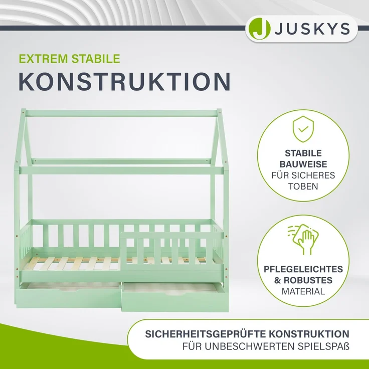 Juskys 'Marli' Kinderbett, mit Matratze, Bettkasten, Rausfallschutz, Lattenrost & Dach - Massivholz Hausbett für Kinder - Bett in Mint, 80x160 cm – Bild 4