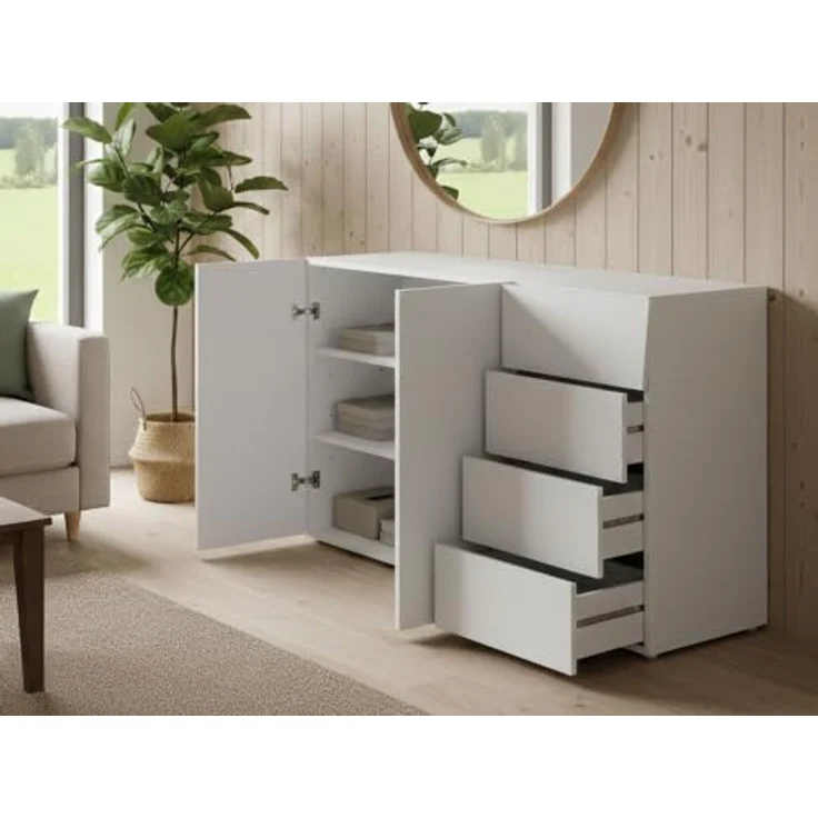 Dmora Modernes Sideboard, Design-Sideboard mit 2 Türen und 4 Schubladen, Made in Italy, TV-Ständer, Wohnzimmerbuffet, 124x40h82 cm, glänzend weiße Farbe – Bild 7