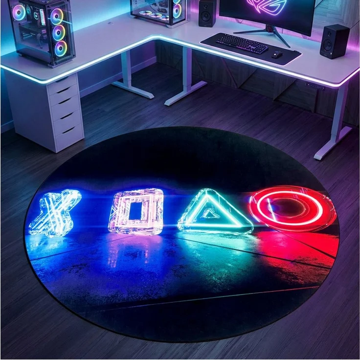 Carpetia Designteppich Gaming Style, rund, Höhe: 5 mm, mit grafischen Gaming-Motiven in Neon-Optik – Bild 1