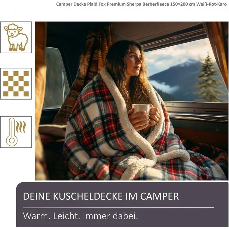 Plaid Black Forest Fox Kuscheldecke Karo 150x200 mit Teddyseite fürs Camping, BLACK FOREST FOX – Bild 1