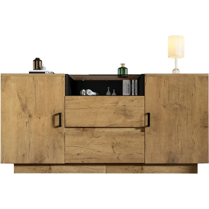 Merax Kommode Sideboard mit 2 Schubladen + 2 Schränken (innen höhenverstellbar) & offenem Fach - ESG-Glas & schwarze Griffe, H70/B140/T40 cm – Bild 10