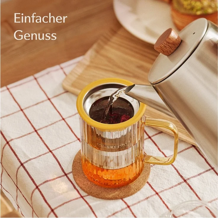 Cosumy Teeglas Teetasse mit Deckel und Sieb 450ml Gelb, 1-tlg, Borosilikatglas, Edelstahl, Kork, Edelstahlfilter – Bild 2