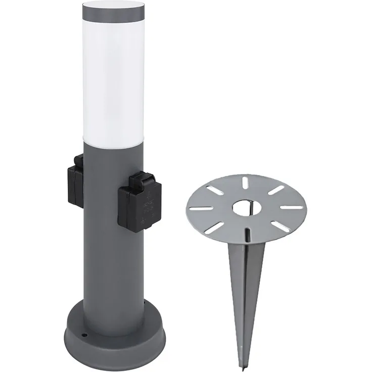 LED Sockelleuchte, Edelstahl, 2x Steckdose, H 45 cm