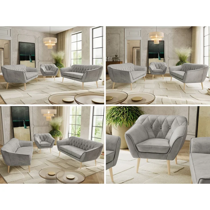 Wohnzimmerset, Möbelset PIRS 3-3-1, Armlehnen, Wellenfederung, Buche Füße, Dreisitzer Sofas mit Sessel, Polstermöbel Set - Hellgrau Velvet – Bild 2