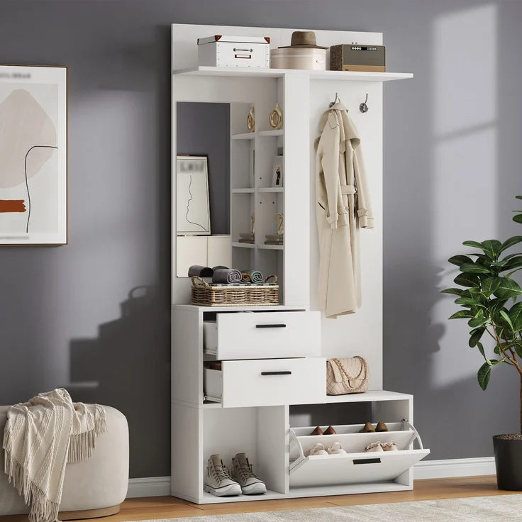 Garderobenständer, Kleiderständer, Schuhbank, Garderobe, 2 Schubladen,3 Haken für Jacken, Hüte, Ein Glasspiegel, daneben drei Regalböden, Flur, Schlafzimmer, Wohnzimmer, 90x30x180cm,weiß – Bild 3
