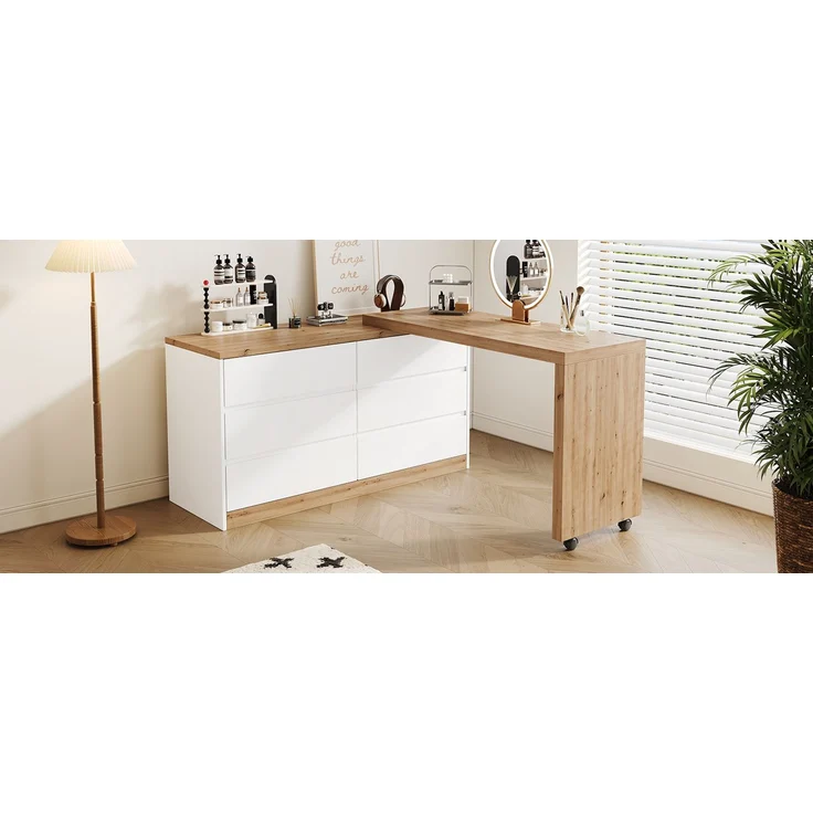 ZUBALIYA Schreibtisch mit feststellbaren Rollen – multifunktionales Design, 4 cm dickere, drehbare Tischplatte, fest arretierbar, weiß/Eiche, Faltbarer Schreibtisch, Eckschreibtisch, Sideboard,Dicke Materialie – Modell N880P4642189O – Bild 23