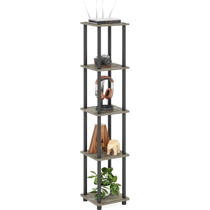 Furinno Turn-N-Tube 5-stufiges Viereckiges Regal, MehrzweckRegal, Bücherregal, Aufbewahrungsregal, mit Runde Rohre, Französische Eiche/Schwarz, 29. 5 (Breite) x 146. 3 (Höhe) x 29. 5 (Tiefe) cm