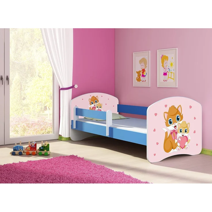 ACMA Kinderbett Jugendbett mit Einer Schublade und Matratze Blau mit Rausfallschutz Lattenrost II 140x70 160x80 180x80 (33 Miezekatzen, 180x80) – Bild 2