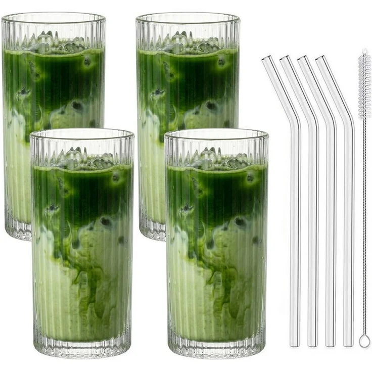 mixed24 Gläser-Set 4er Set Geriffelte Gläser 370ml inkl. Glashalm, ideal für Iced Matcha Latte, Latte Macchiato, Cocktails, Smoothies – Bild 2
