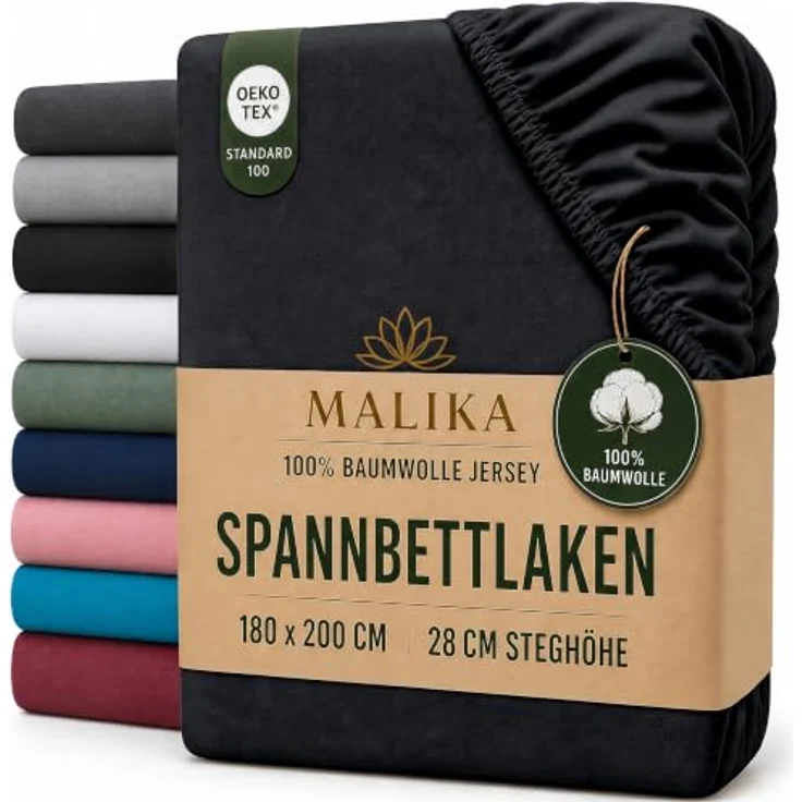 MALIKA® Spannbettlaken 120x200cm Baumwolle Jersey, Matratzenhöhe bis 28 cm, Oeko-Tex zertifiziert, faltenfreies Liegen – Bild 1